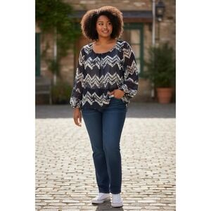 Boho Chevron Blouse M Navy Sheer Crocheted Bell Sleeve Lightweight Festival Top
